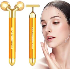 -2-in-1 Beauty Bar 744759599421 2-in-1 Electric Face Massager 24k Golden Facial 3d Roller And T Shape
