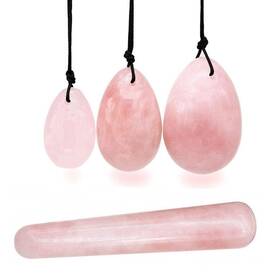 Aitelei 818807861542 4pcs Set Jade Yoni Eggs Stick3 Pcs Drilled Natural Rose Quartz Crystal E