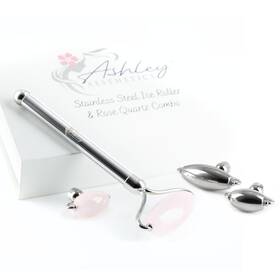 Aa-1001-rq Ashley Aesthetics Stainless Steel Ice Roller Rose Quartz Facial Set Luxury