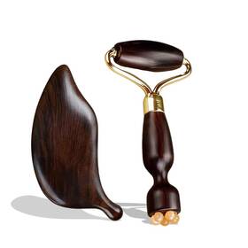 Aurift Magic-g5 Red Sandalwood Face Roller And Leaf Gua Sha Set Dual Head Massage