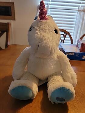 H-2428-3u Health Touch Huggable Unicorn White Pink Vibrating Neck Back Plush Soft Massager