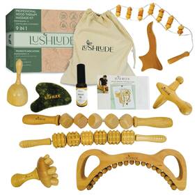 Lushlude 198168171189 9-in-1 Wood Therapy Massage Tools Kit - Lymphatic Drainage Massager For Thigh