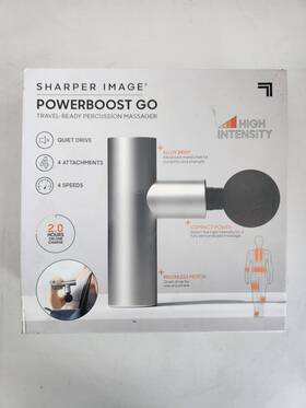 1014486 Sharper Image Powerboost Go Massage Gun Percussion 4 Heads Cordless Silver/b