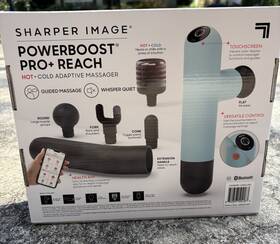 1018349 Sharper Image Powerboost Pro Reach Massage Gun Hot Cold Cordless 5 Attachments