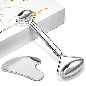 Stainless Steel Face Roller Gua Sha Set Massage Tool Metal Guasha F