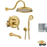 Timeless Elegance: Brushed Gold Shower System With Tub Spout & Handheld Wand. Fixed Price $463.95.