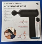 Sharper Image Powerboost Ultra Massage Gun, 6 Speeds, 5 Attachments, Led, Black. Fixed Price $75.00.