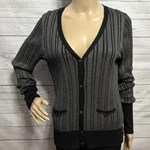 Simply Vera Wang Cardigan Sweater Medium Dark Gray Ribbed Knit Deep V-neck Beads. Fixed Price $14.94.