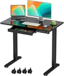 Glass Standing Desk With Drawer, Electric Sit Wheels, 35 20INCH. Fixed Price $467.04.
