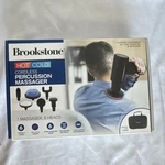Brookstone Heated & Cold Cordless Percussion Massager, 6 Heads, Full Body, Black. Fixed Price $25.50.