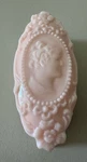 Fostoria Jenny Lind Style Pink Milk Glass Cameo Trinket Box. Fixed Price $74.00.