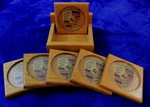 Set Of 6 Wooden Porsche Crest Coasters With Stand Accessory. Fixed Price $75.00.